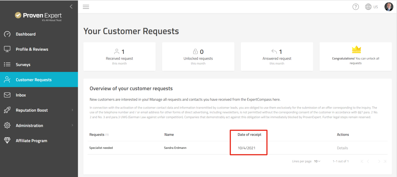 customer requests page, the "date of receipt" area is highlighted