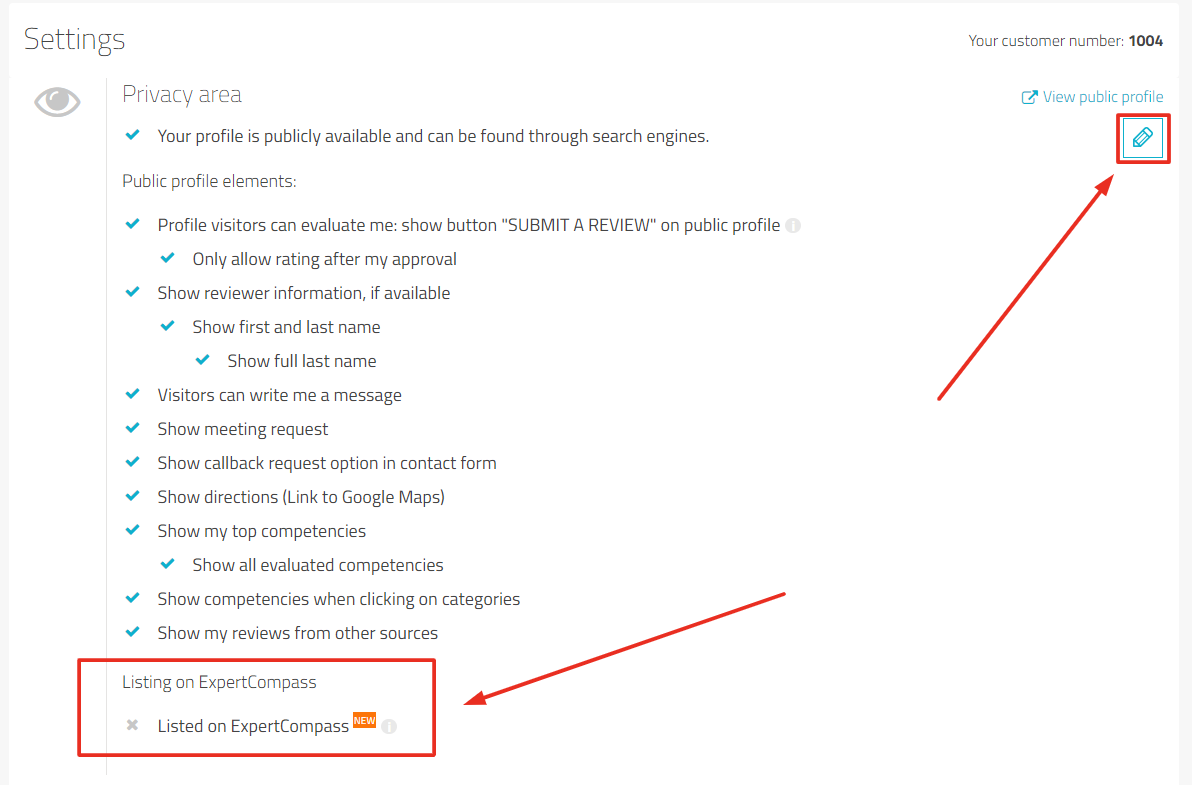 Settings page, the first of two arrows points to the pencil icon in the upper right corner, the second arrow points to the part at the bottom left "Listed on ExpertCompass"