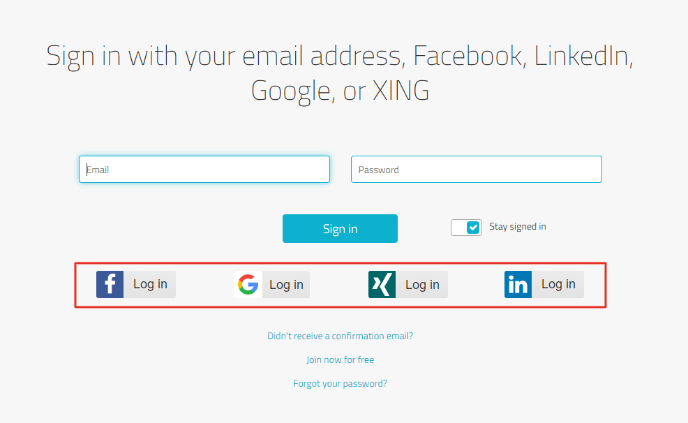 Login page with social media icons highlighted