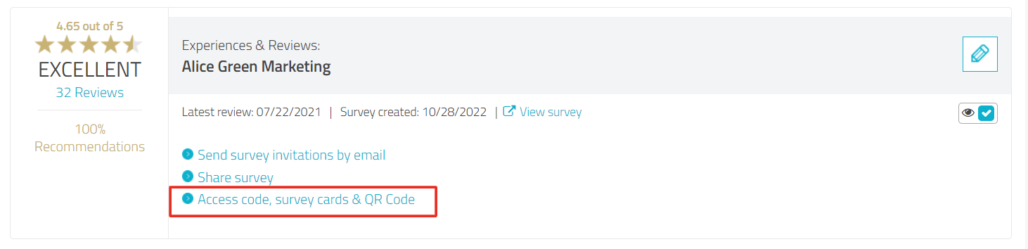 Survey with option "Access code, survey cards & QR code" highlighted